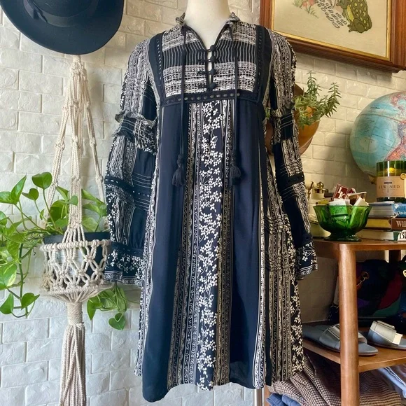 Sea New York Keely Tie-Neck Long-Sleeve Peasant Mini Tunic Dress Black Boho - Picture 3 of 15